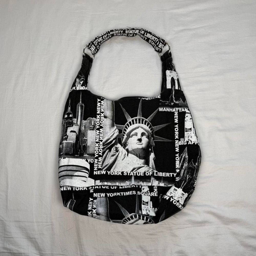 Vintage y2k New York black & white magazine print canvas shoulder hobo bag